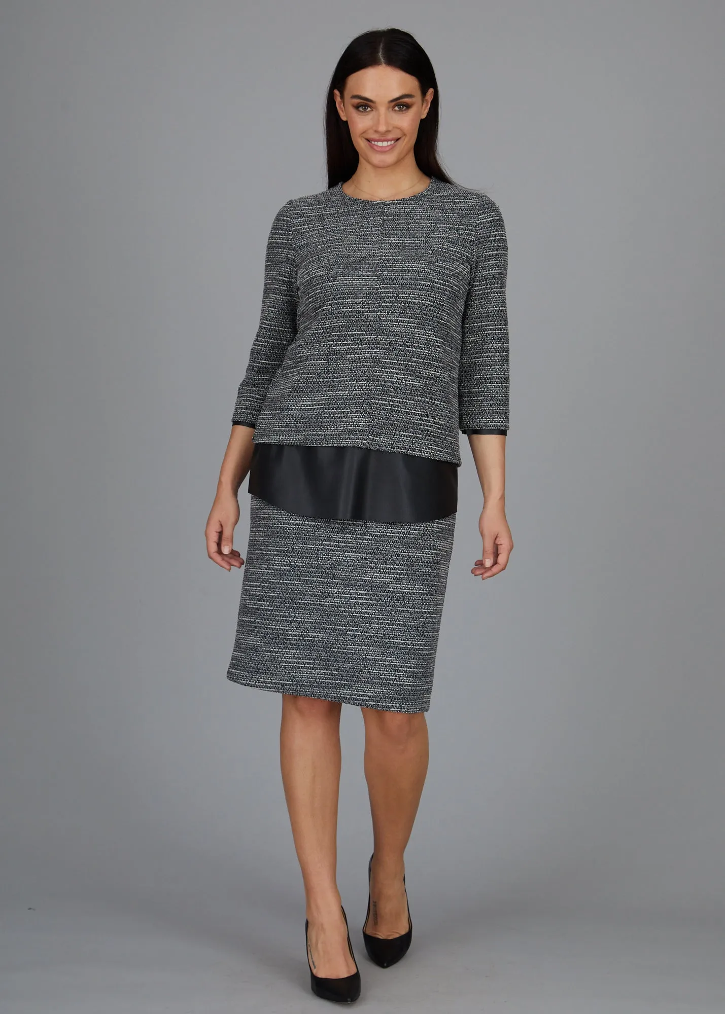 Dawn Hi-Low Crew -  Boucle Knit w/ Black Faux Leather Combo: FINAL SALE