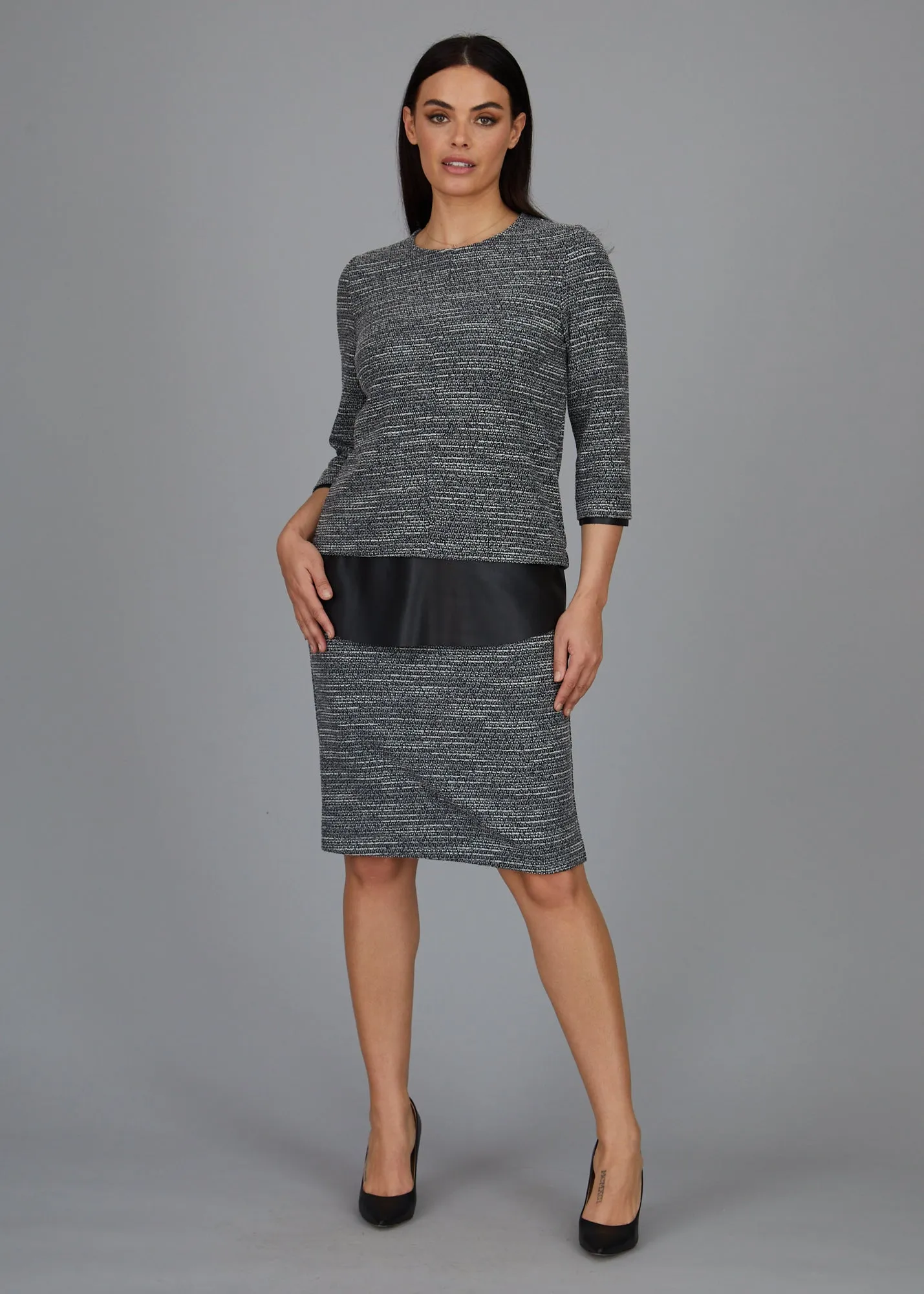 Dawn Hi-Low Crew -  Boucle Knit w/ Black Faux Leather Combo: FINAL SALE