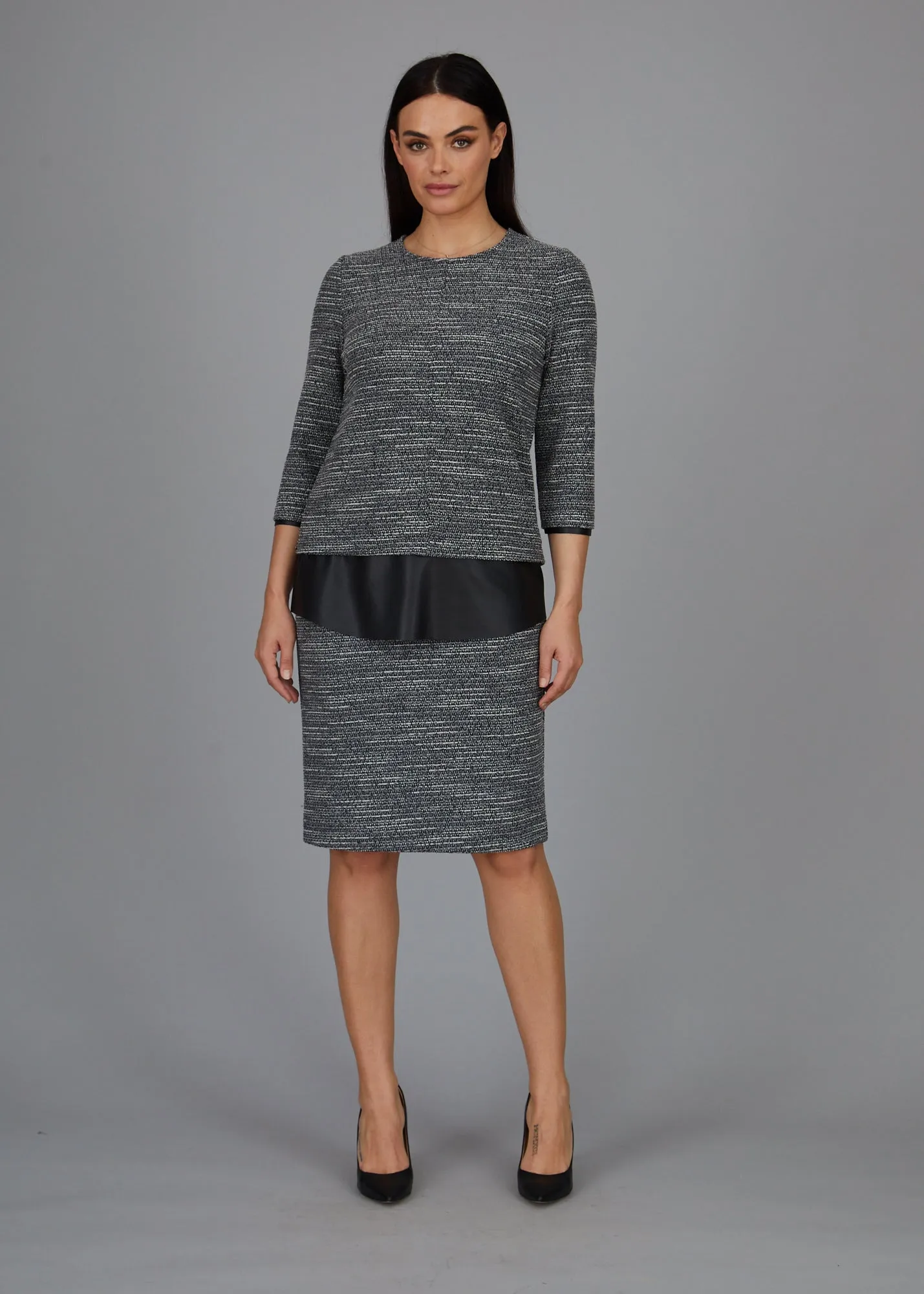 Dawn Hi-Low Crew -  Boucle Knit w/ Black Faux Leather Combo: FINAL SALE