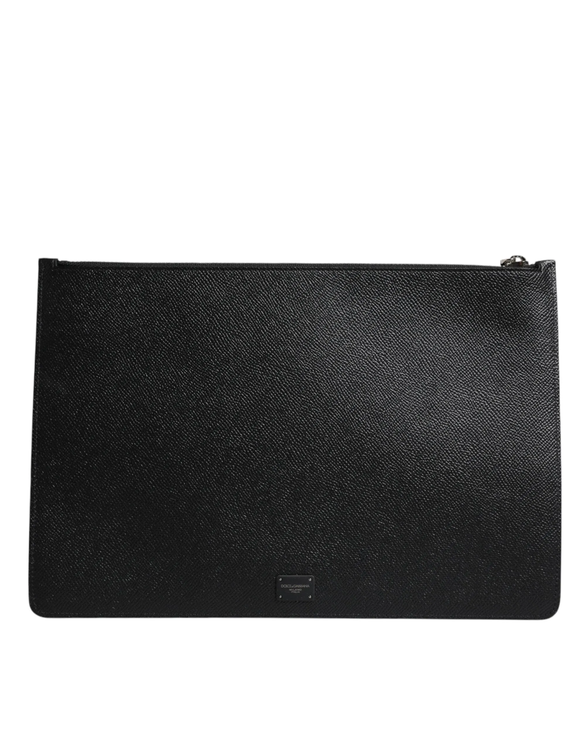 Dolce & Gabbana Black Leather Golden Pig Print Logo Plaque Men Pouch Bag