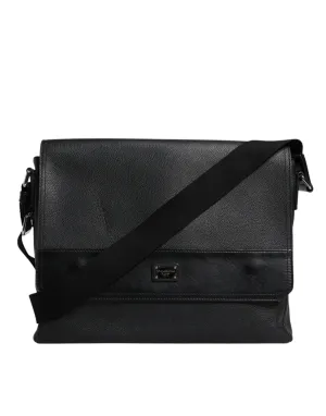 Dolce & Gabbana Black Logo Plaque Leather Messenger Shoulder Strap Bag