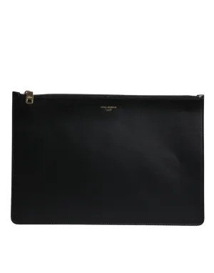 Dolce & Gabbana Black Solid Leather DG Logo Clutch Zip Pouch Bag