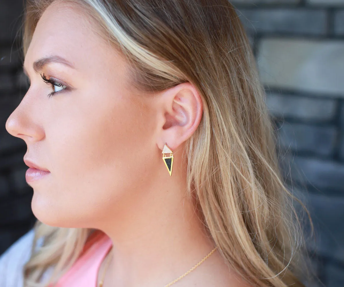 Double Triangle Leather Inlay Gold Earrings