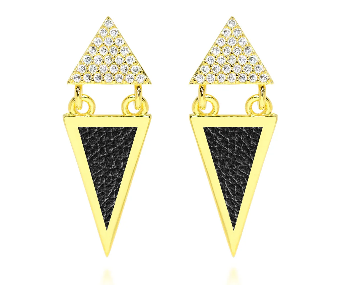 Double Triangle Leather Inlay Gold Earrings