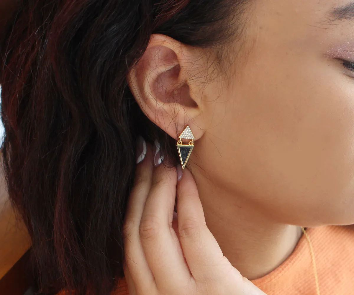 Double Triangle Leather Inlay Gold Earrings
