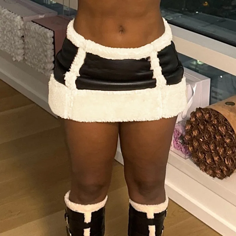 Edgy Faux Leather Fur-Trim Two-Piece Skirt Set for Bold Winter Glam