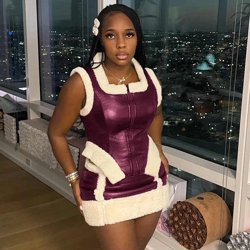 Edgy Faux Leather Fur-Trim Two-Piece Skirt Set for Bold Winter Glam