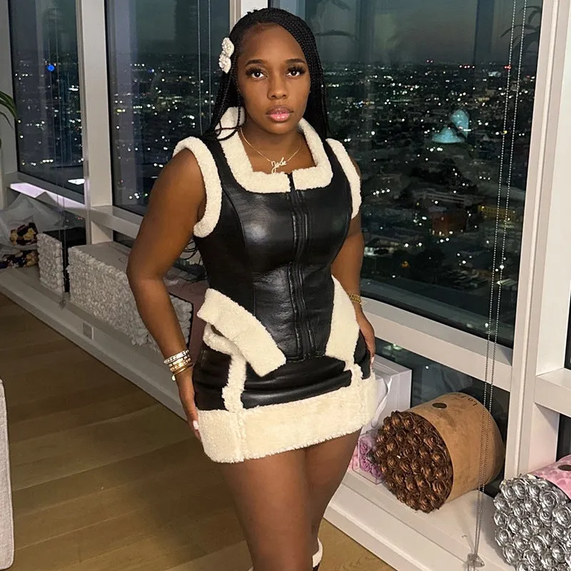 Edgy Faux Leather Fur-Trim Two-Piece Skirt Set for Bold Winter Glam