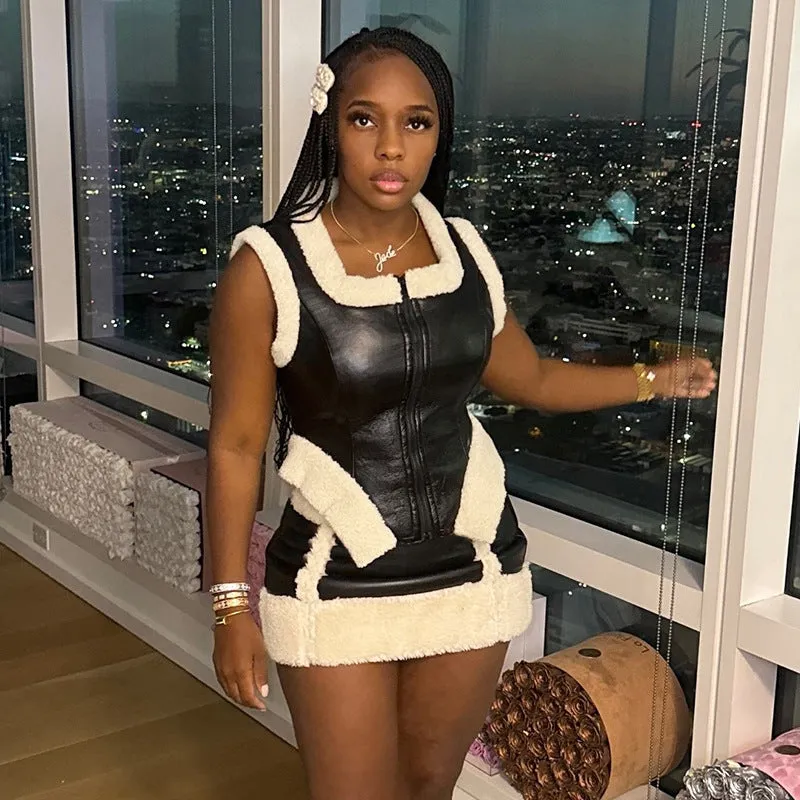 Edgy Faux Leather Fur-Trim Two-Piece Skirt Set for Bold Winter Glam