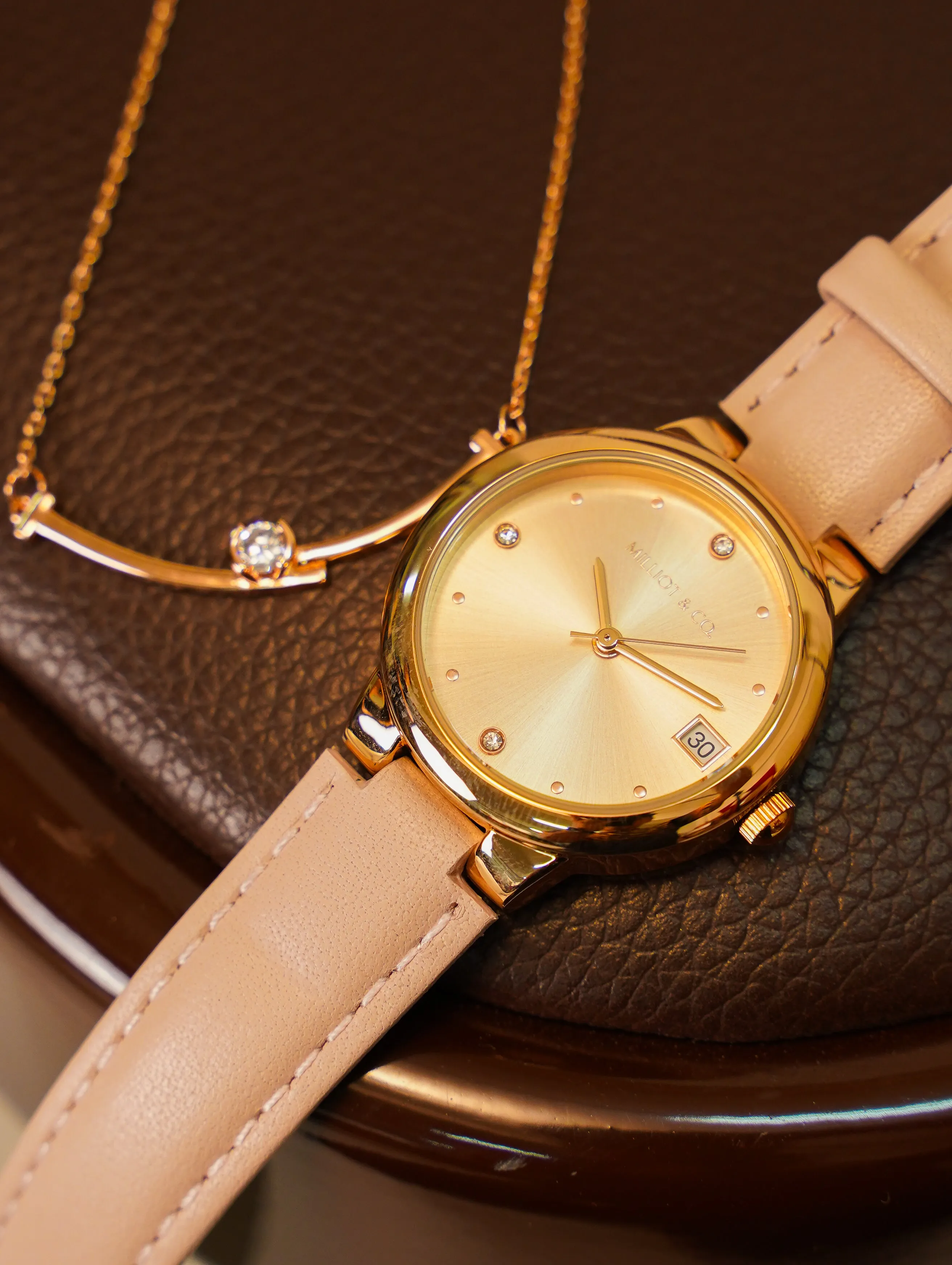 Fae Rose Gold Leather Analog Watches with Necklace Set (Pink)