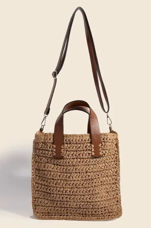 Fame Faux Leather Handle Straw Braided Handbag