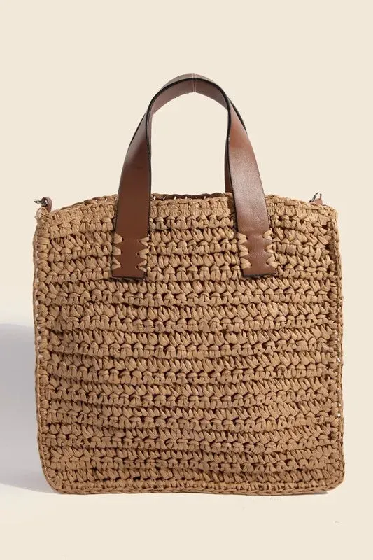 Fame Faux Leather Handle Straw Braided Handbag