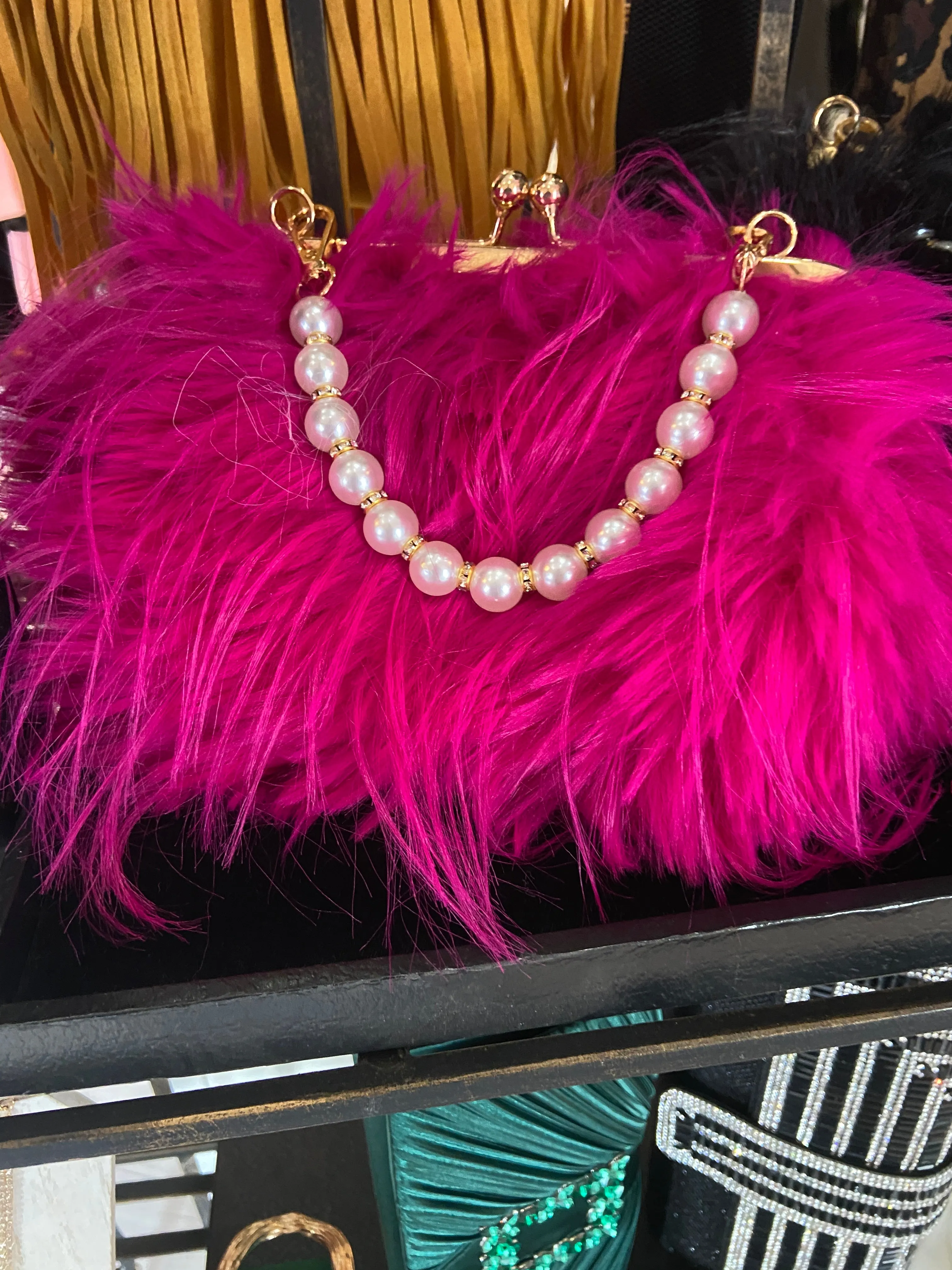 Faux Fur Long Hair Evening Clutch in Vibrant Fushia