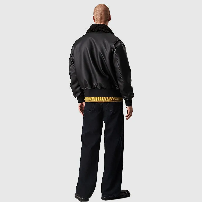Faux Leather Aviator Jacket - Black