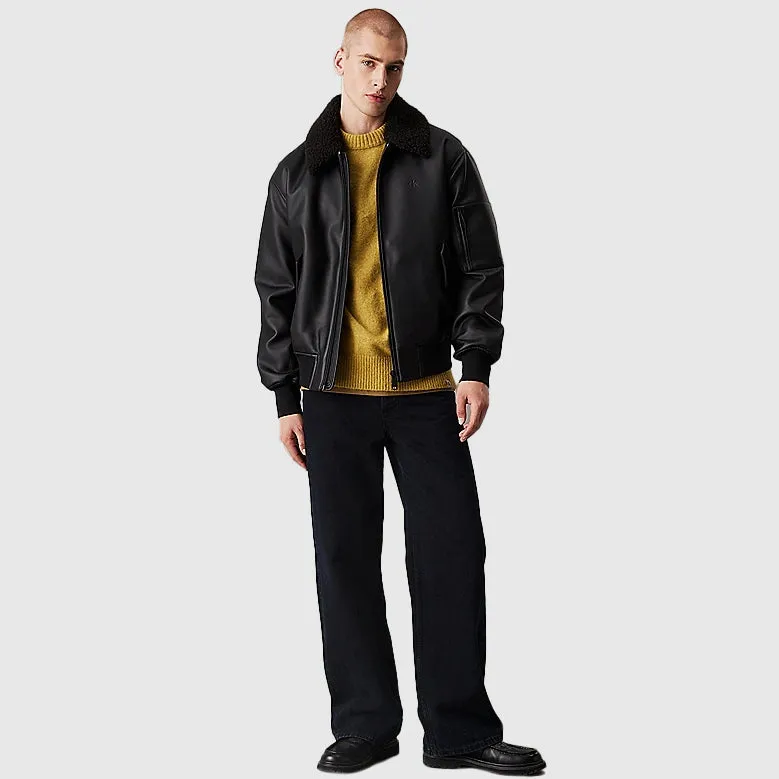Faux Leather Aviator Jacket - Black