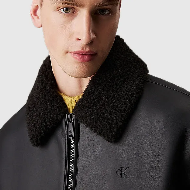 Faux Leather Aviator Jacket - Black
