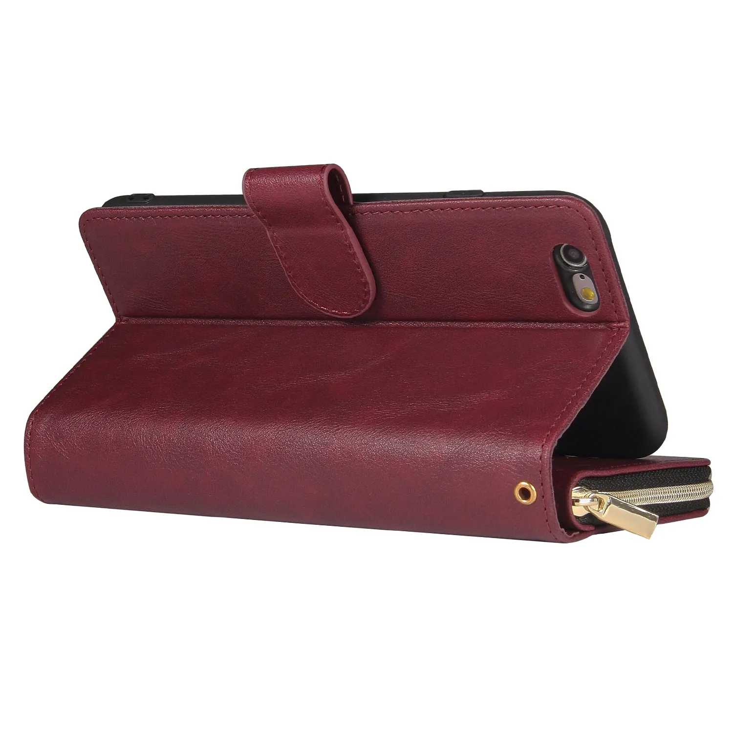 For Iphone 6/6s/6 Plus/6s Plus/7 Plus/8 Plus Pu Leather  Mobile Phone Cover Zipper Card Bag   Wrist Strap Red wine