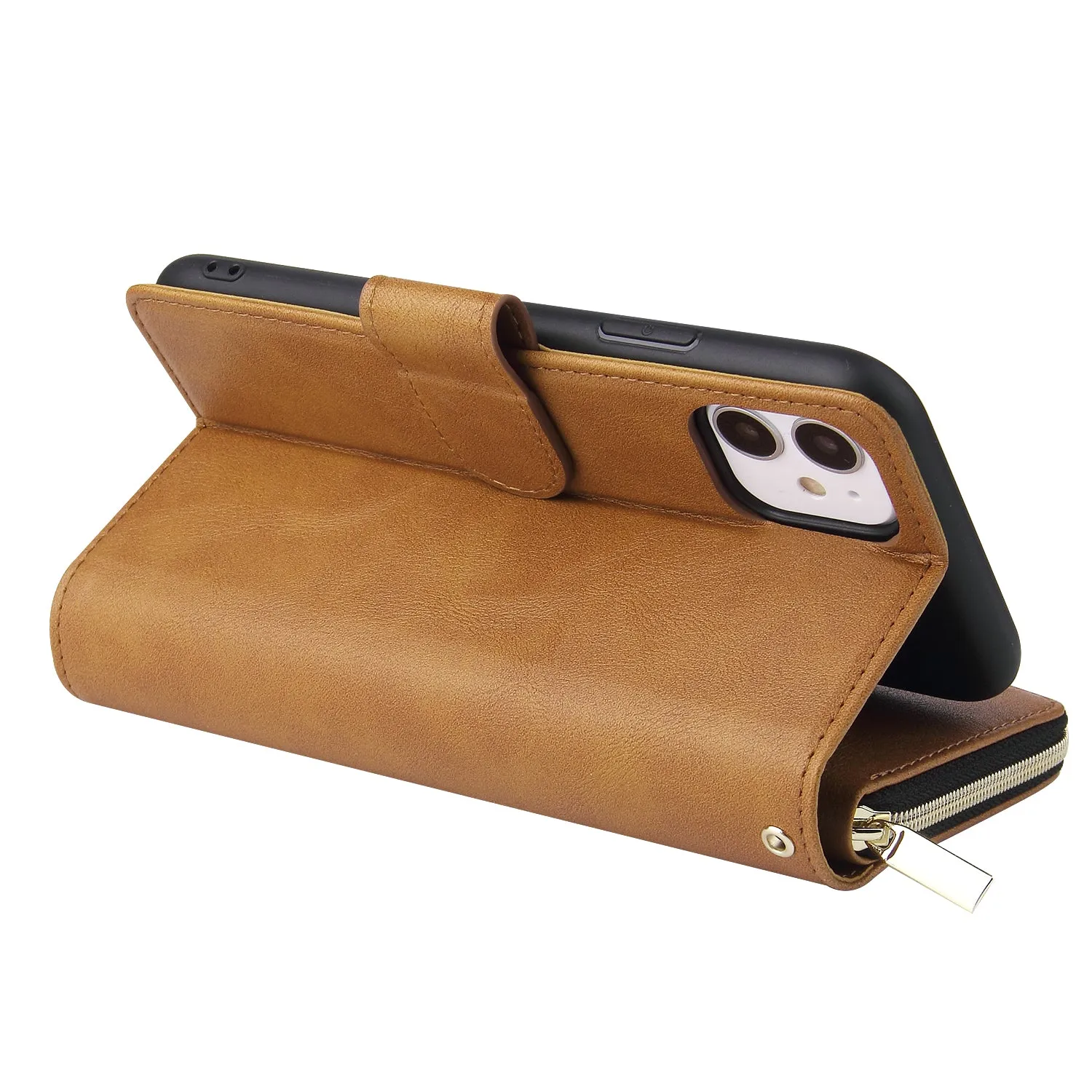 For iphone X/XS/XS MAX/11/11Pro Pu Leather  Mobile Phone Cover Zipper Card Bag   Wrist Strap brown