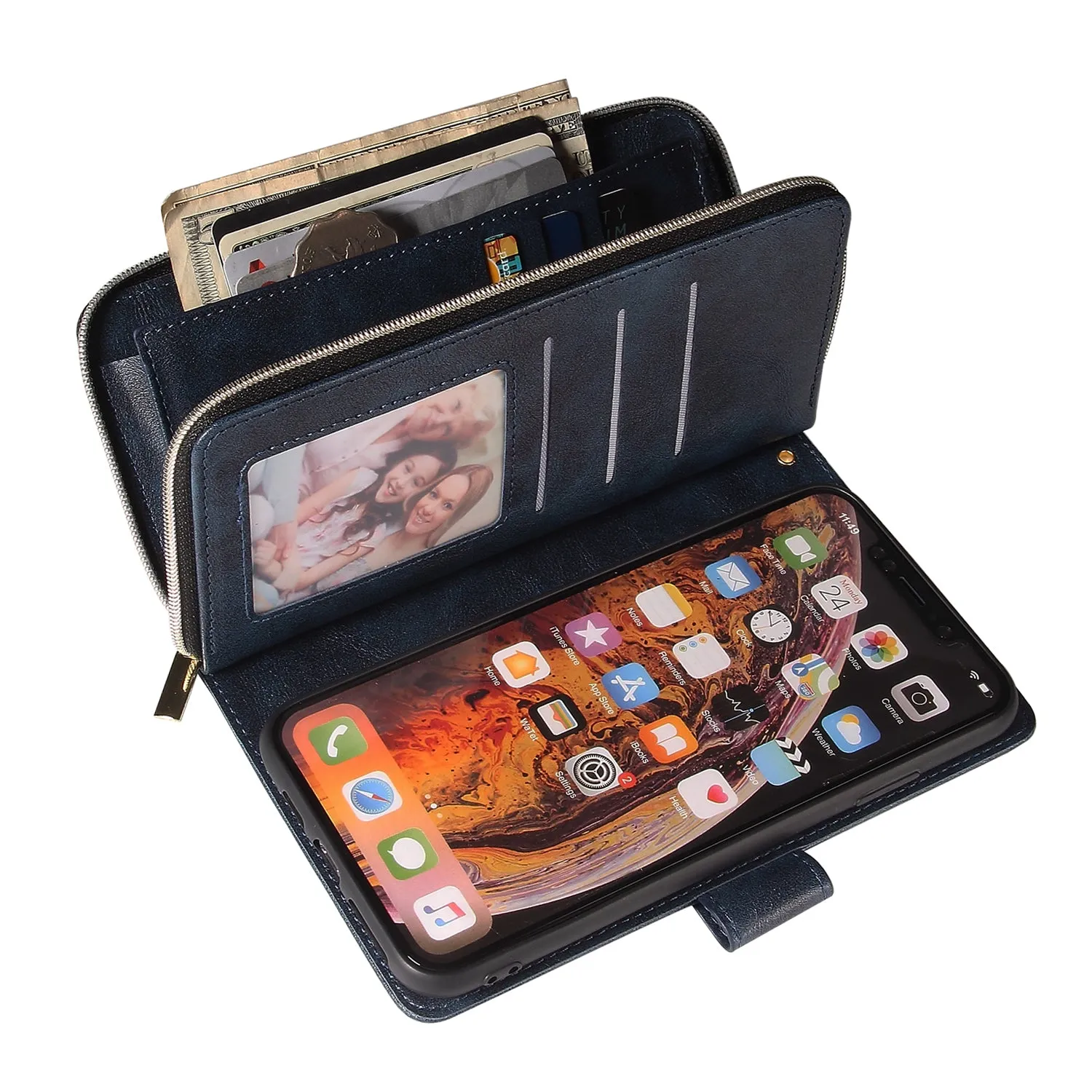 For iphone X/XS/XS MAX/11/11Pro Pu Leather  Mobile Phone Cover Zipper Card Bag   Wrist Strap brown