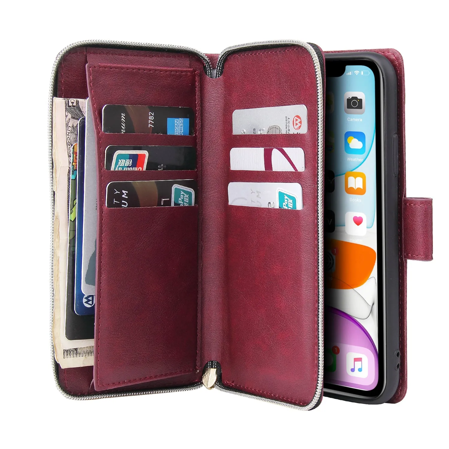 For iphone X/XS/XS MAX/11/11Pro Pu Leather  Mobile Phone Cover Zipper Card Bag   Wrist Strap Red wine
