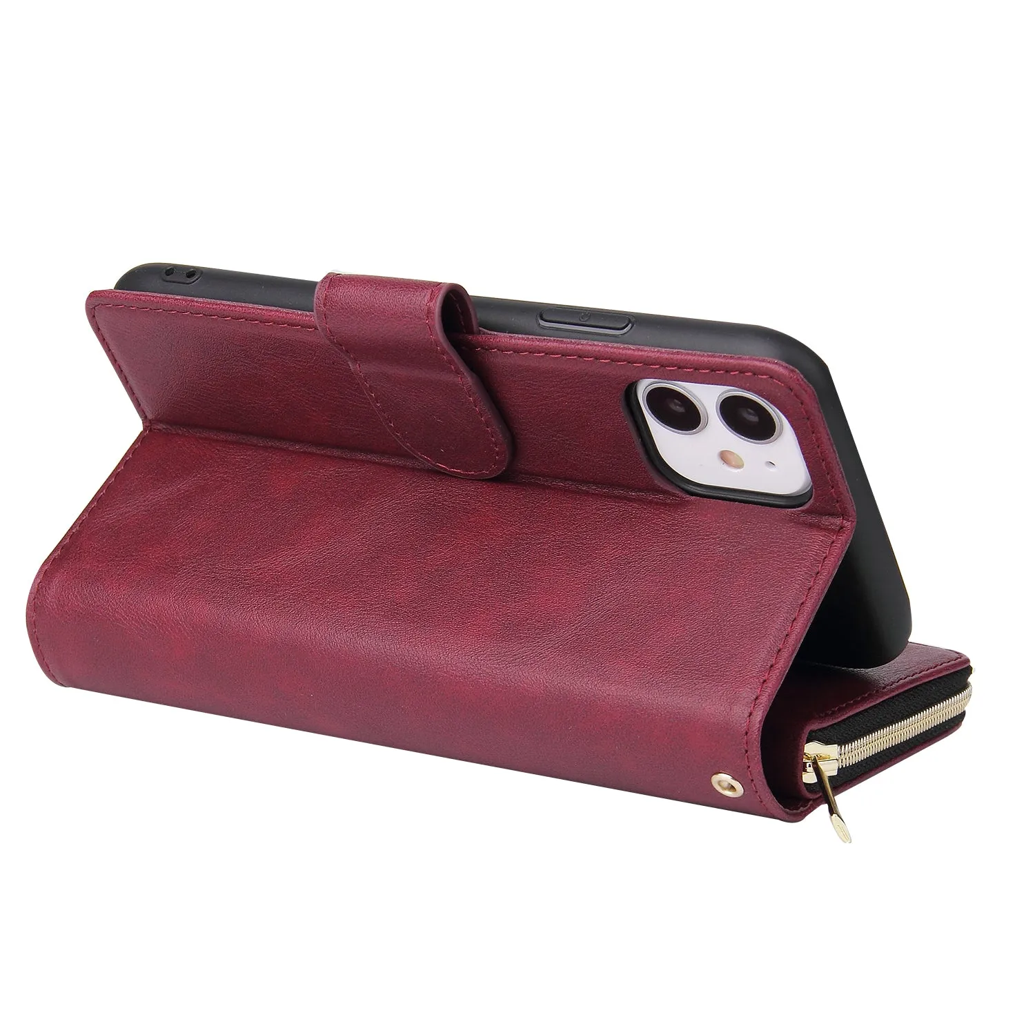 For iphone X/XS/XS MAX/11/11Pro Pu Leather  Mobile Phone Cover Zipper Card Bag   Wrist Strap Red wine