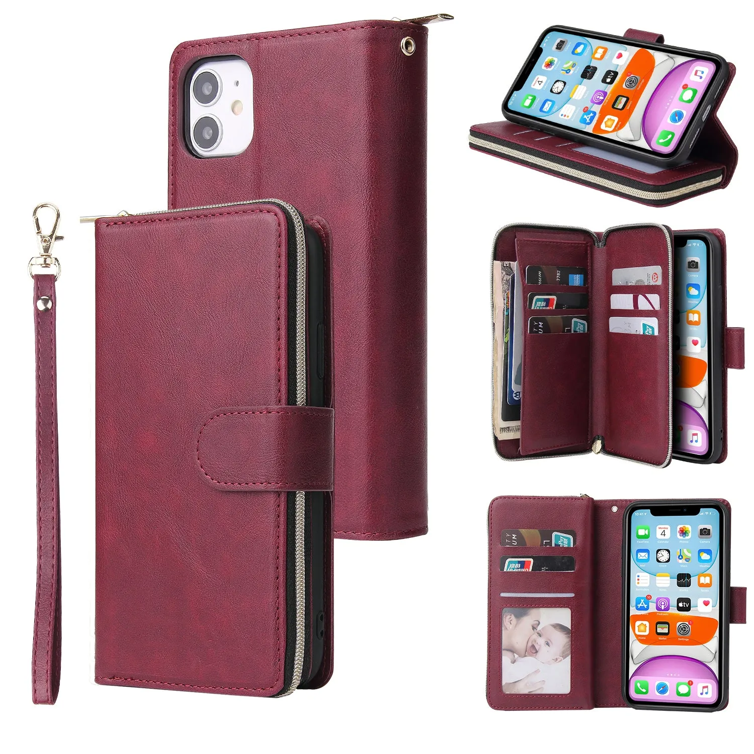 For iphone X/XS/XS MAX/11/11Pro Pu Leather  Mobile Phone Cover Zipper Card Bag   Wrist Strap Red wine