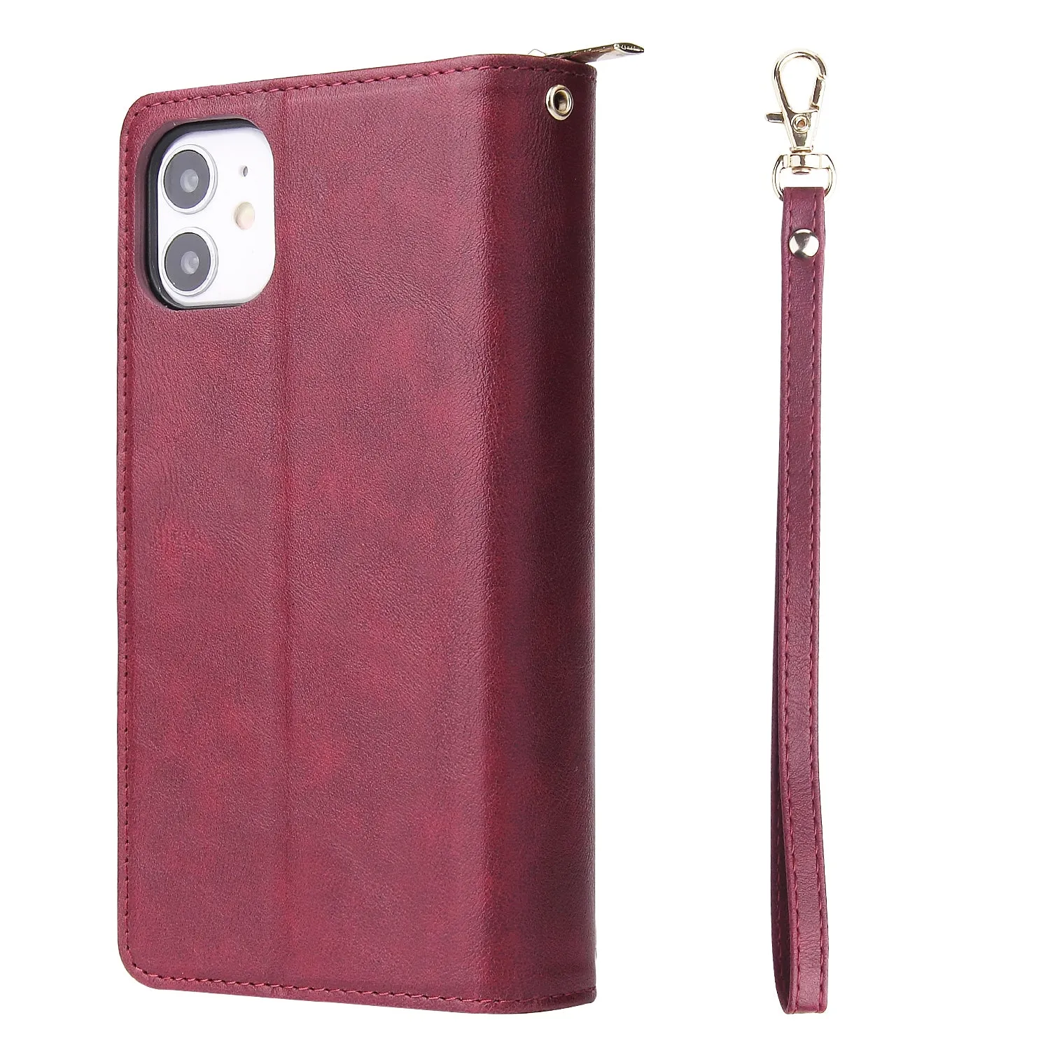 For iphone X/XS/XS MAX/11/11Pro Pu Leather  Mobile Phone Cover Zipper Card Bag   Wrist Strap Red wine