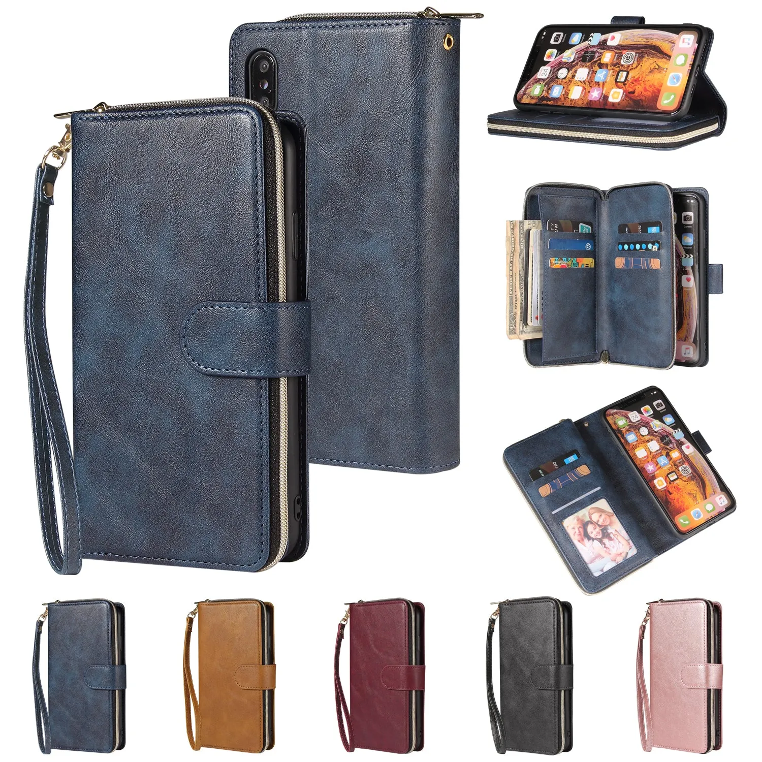 For iphone X/XS/XS MAX/11/11Pro Pu Leather  Mobile Phone Cover Zipper Card Bag   Wrist Strap Red wine