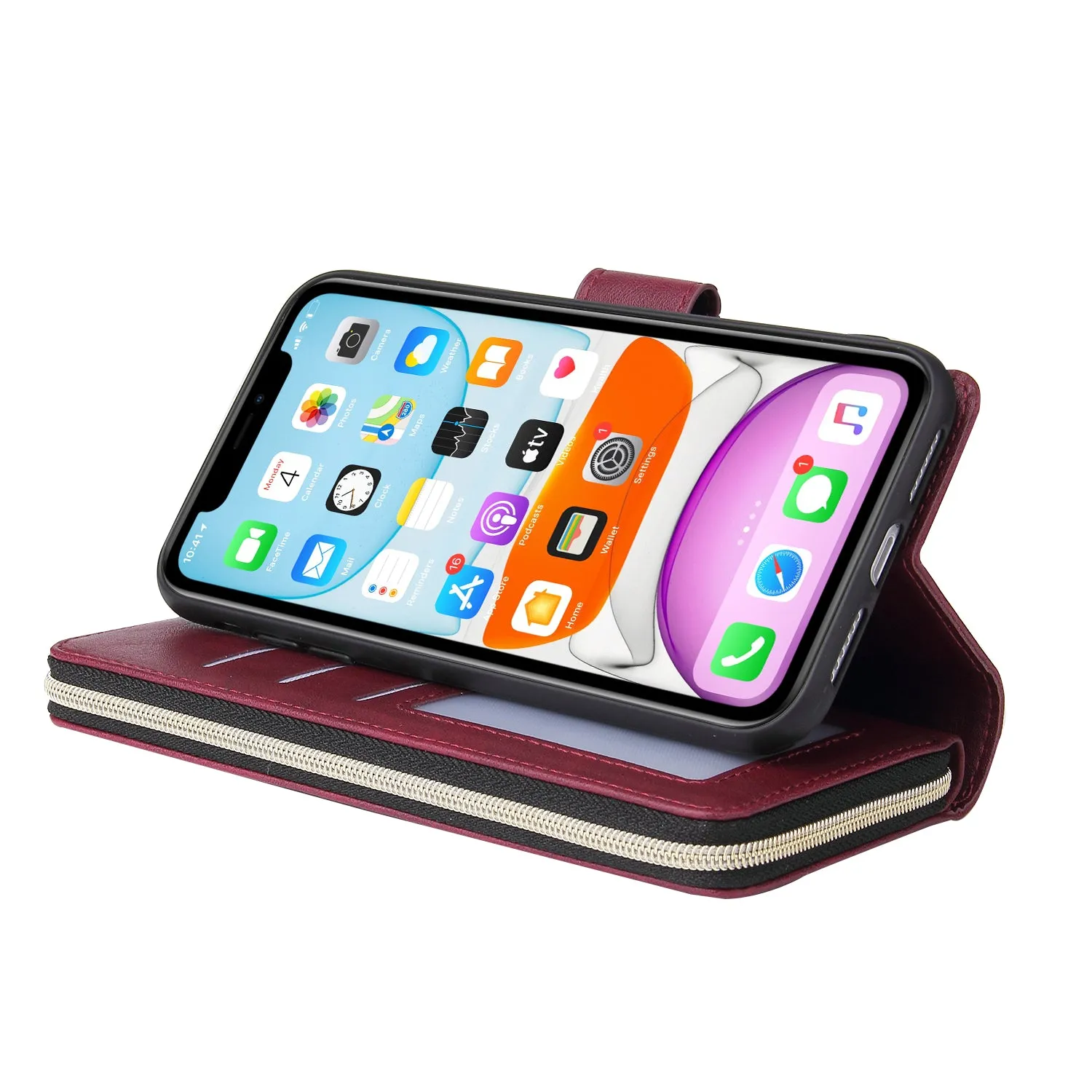For iphone X/XS/XS MAX/11/11Pro Pu Leather  Mobile Phone Cover Zipper Card Bag   Wrist Strap Red wine