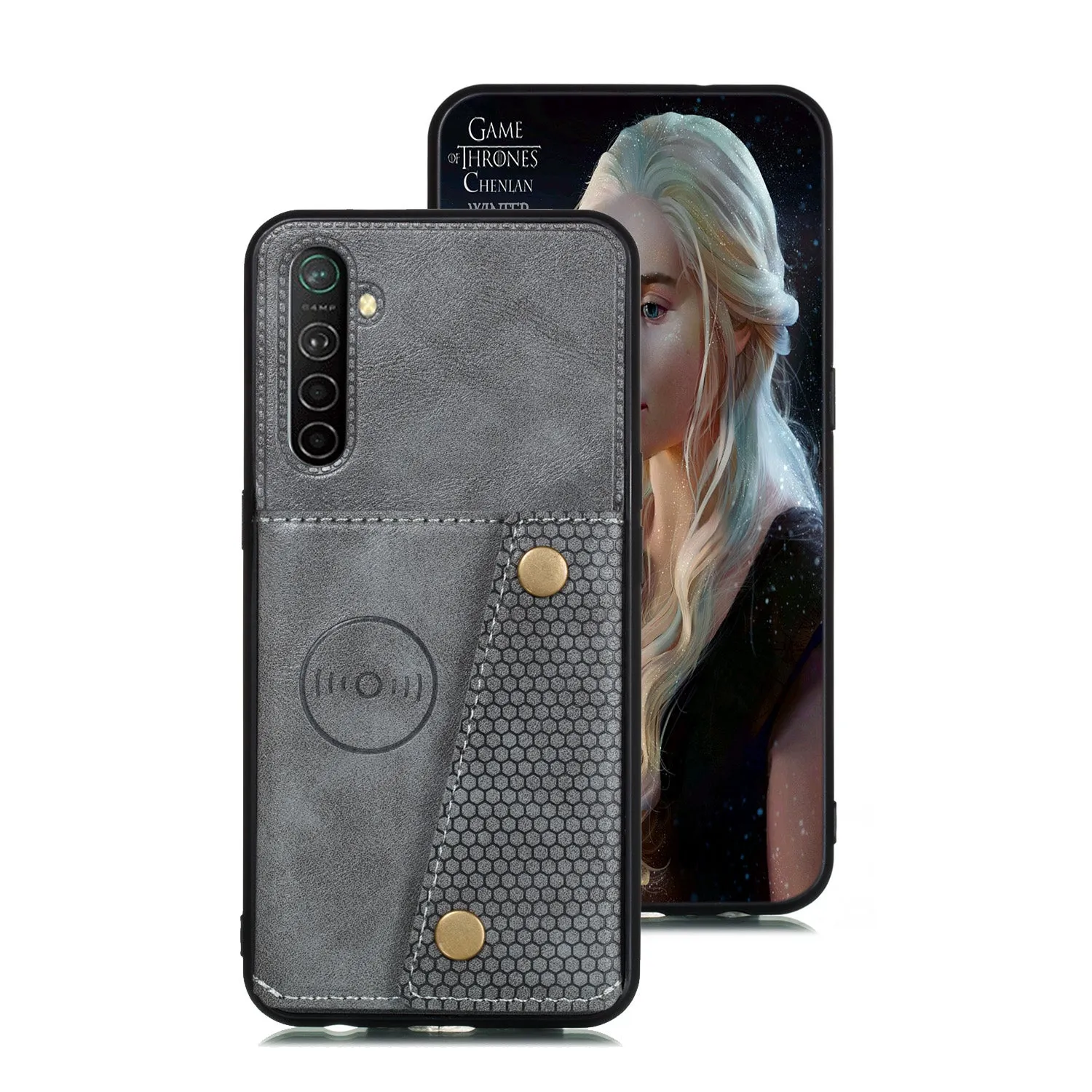 For OPPO A9 2020/Realme XT/Reno 2 Mobile Phone Shell Classic Textured Pattern Buckle Closure Design Anti-fall Smartphone Case  gray