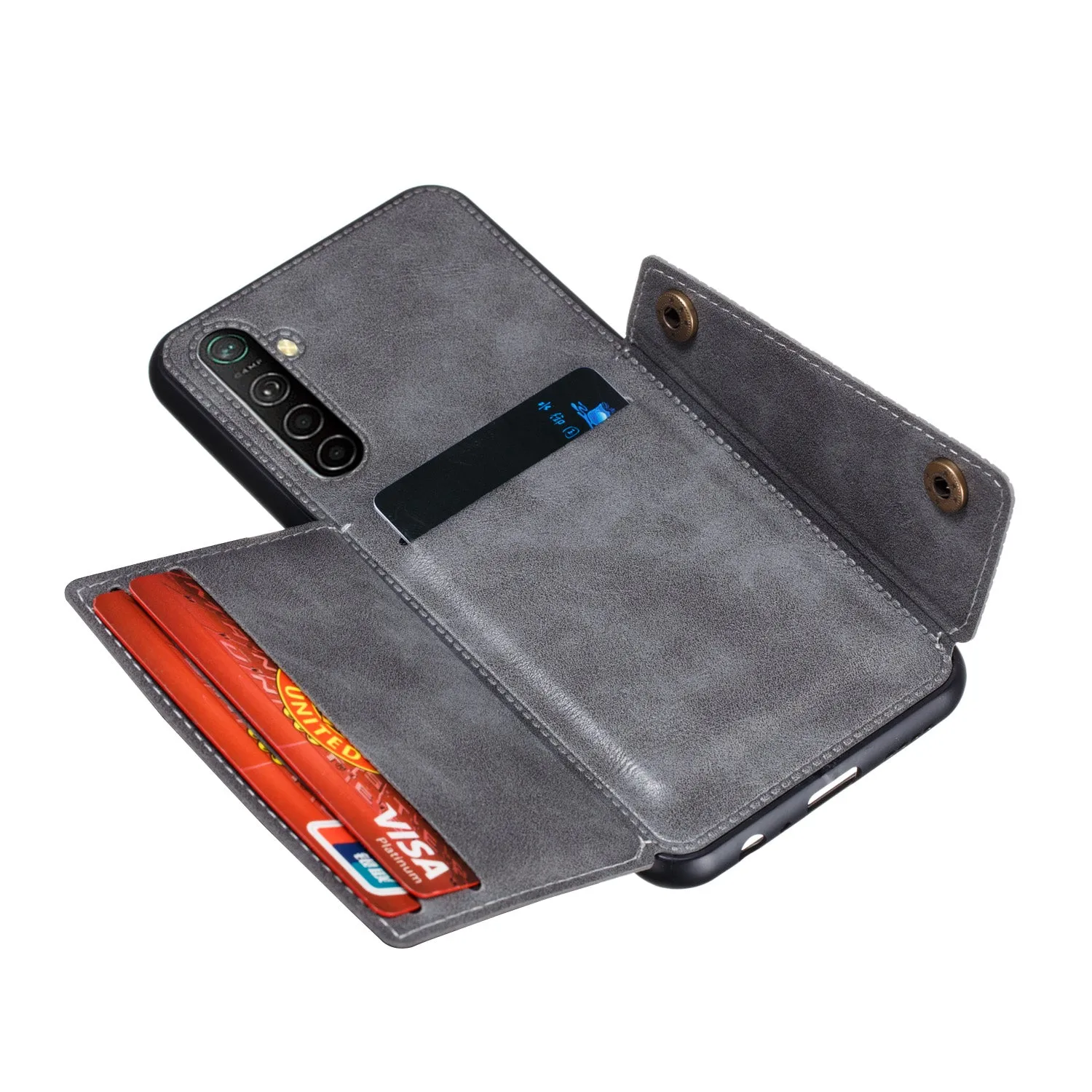 For OPPO A9 2020/Realme XT/Reno 2 Mobile Phone Shell Classic Textured Pattern Buckle Closure Design Anti-fall Smartphone Case  gray