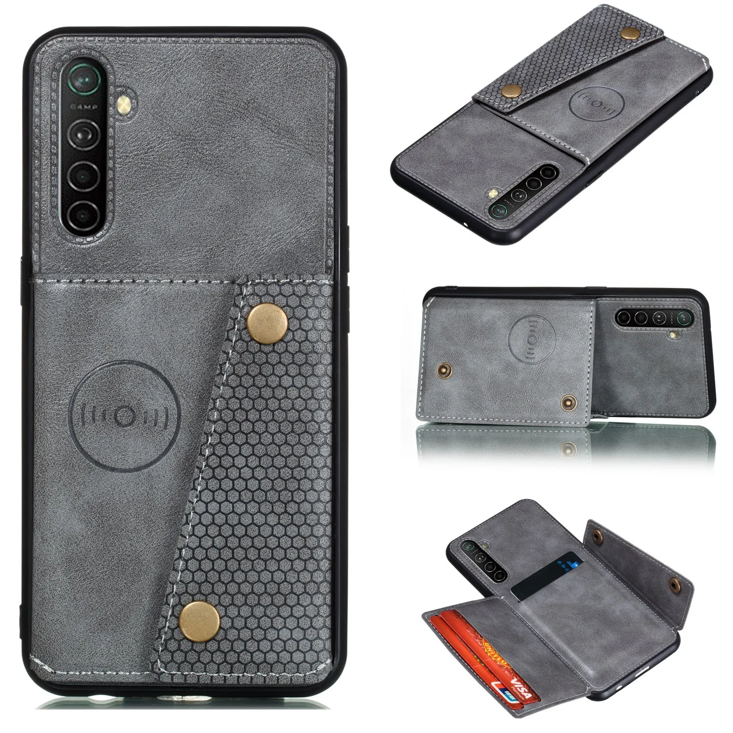 For OPPO A9 2020/Realme XT/Reno 2 Mobile Phone Shell Classic Textured Pattern Buckle Closure Design Anti-fall Smartphone Case  gray