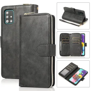 For Samsung A01/A21/A31/A41/A51 Pu Leather  Mobile Phone Cover Zipper Card Bag   Wrist Strap black