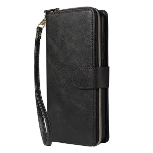 For Samsung A01/A21/A31/A41/A51 Pu Leather  Mobile Phone Cover Zipper Card Bag   Wrist Strap black