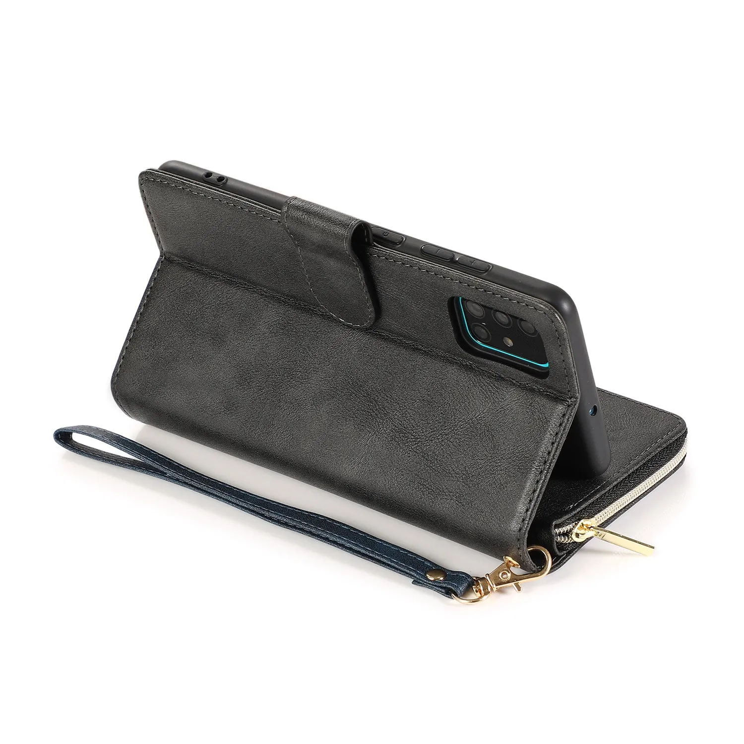 For Samsung A01/A21/A31/A41/A51 Pu Leather  Mobile Phone Cover Zipper Card Bag   Wrist Strap black