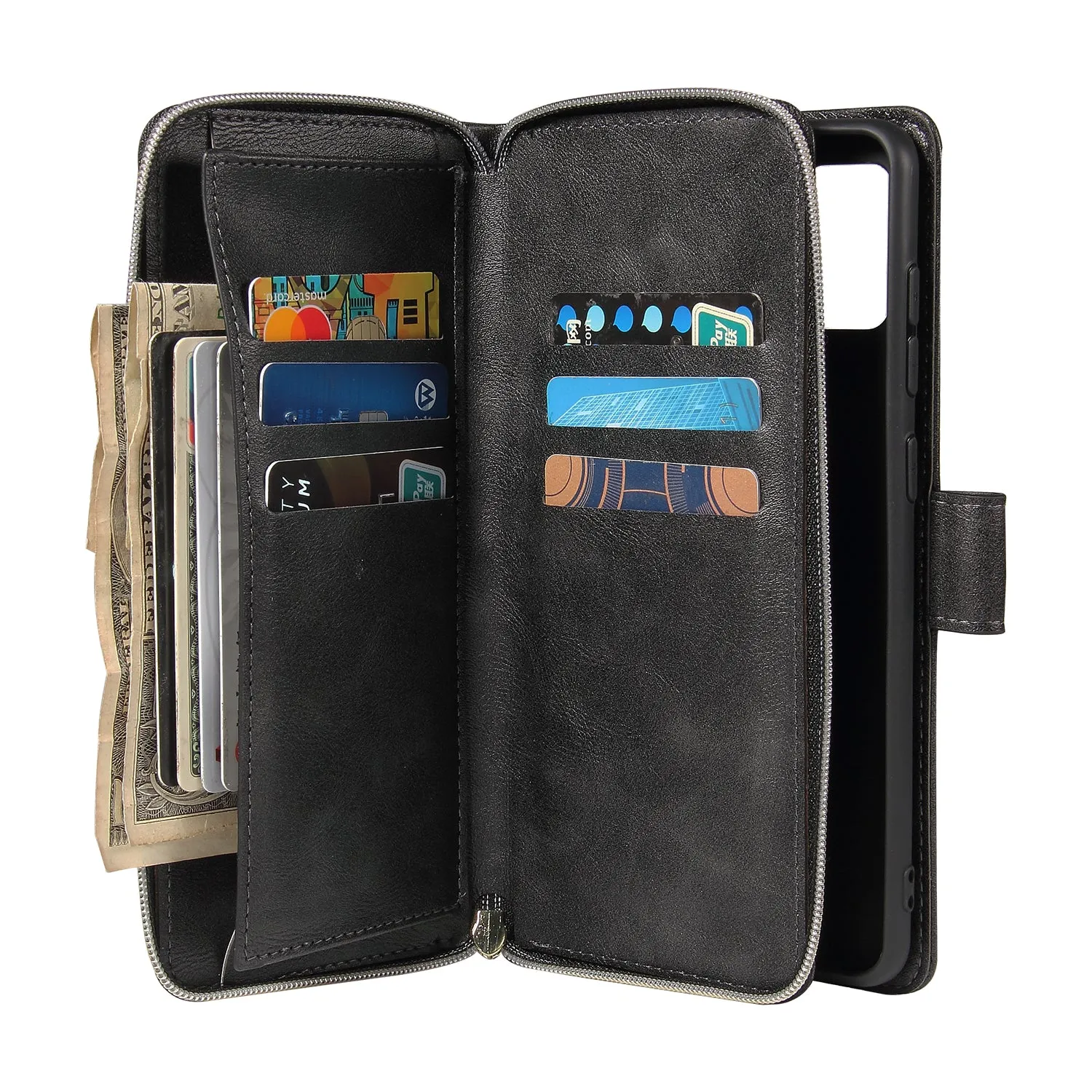For Samsung A01/A21/A31/A41/A51 Pu Leather  Mobile Phone Cover Zipper Card Bag   Wrist Strap black