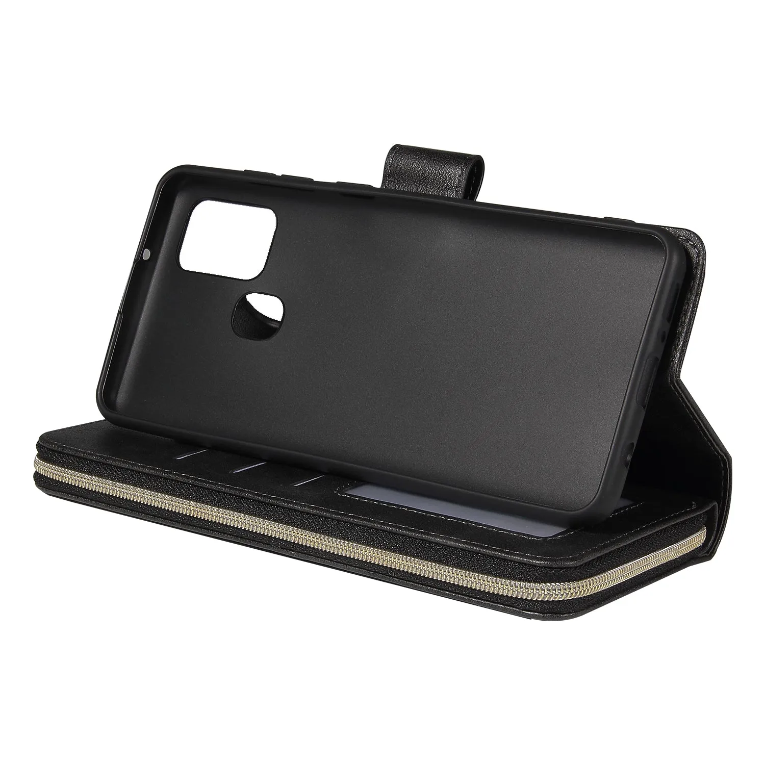 For Samsung A01/A21/A31/A41/A51 Pu Leather  Mobile Phone Cover Zipper Card Bag   Wrist Strap black