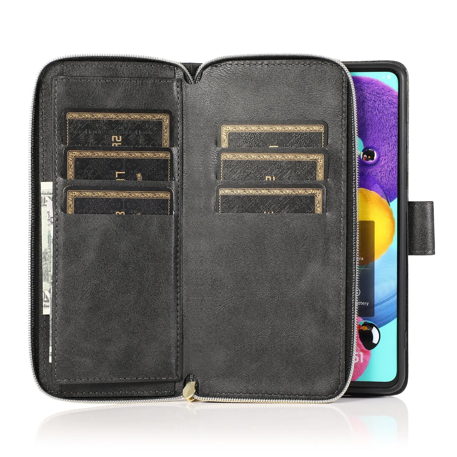 For Samsung A01/A21/A31/A41/A51 Pu Leather  Mobile Phone Cover Zipper Card Bag   Wrist Strap black
