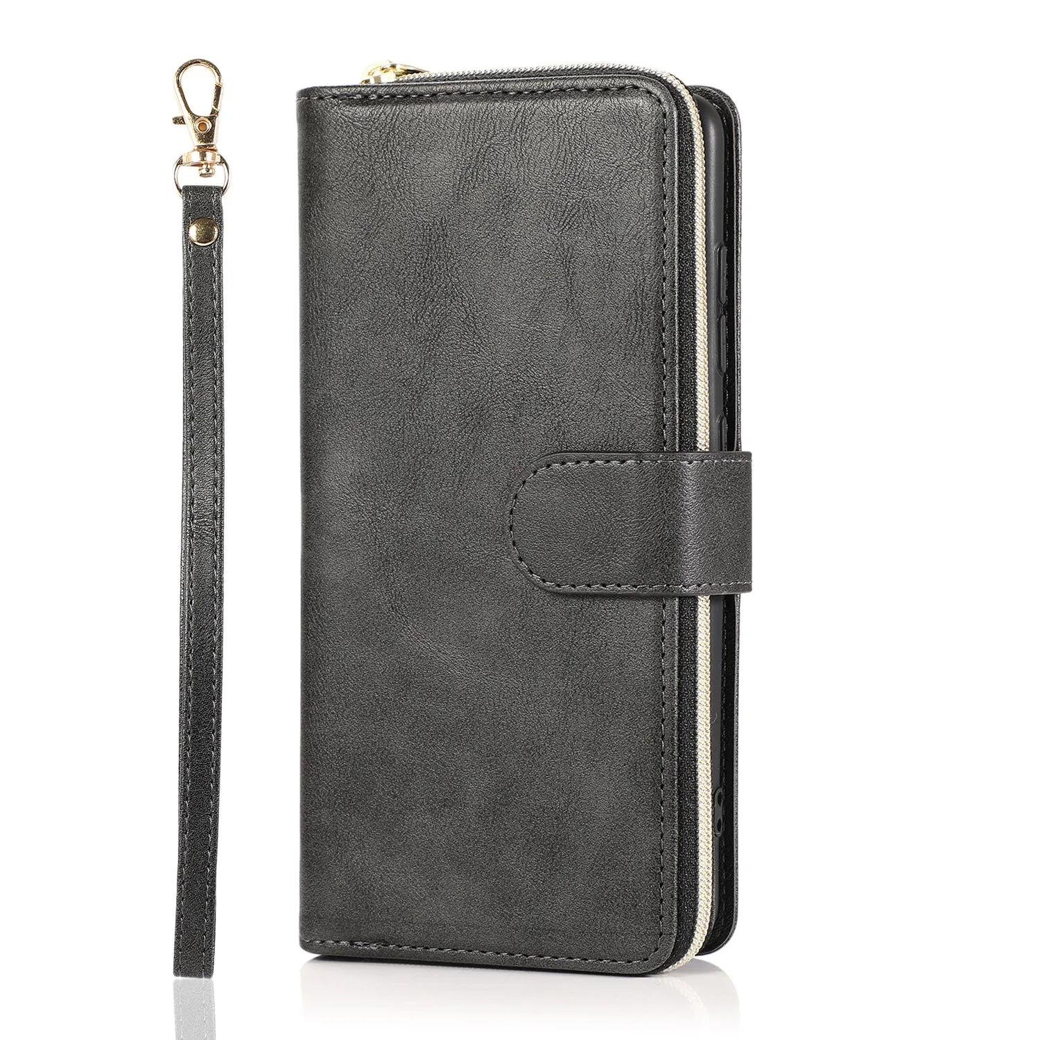 For Samsung A01/A21/A31/A41/A51 Pu Leather  Mobile Phone Cover Zipper Card Bag   Wrist Strap black