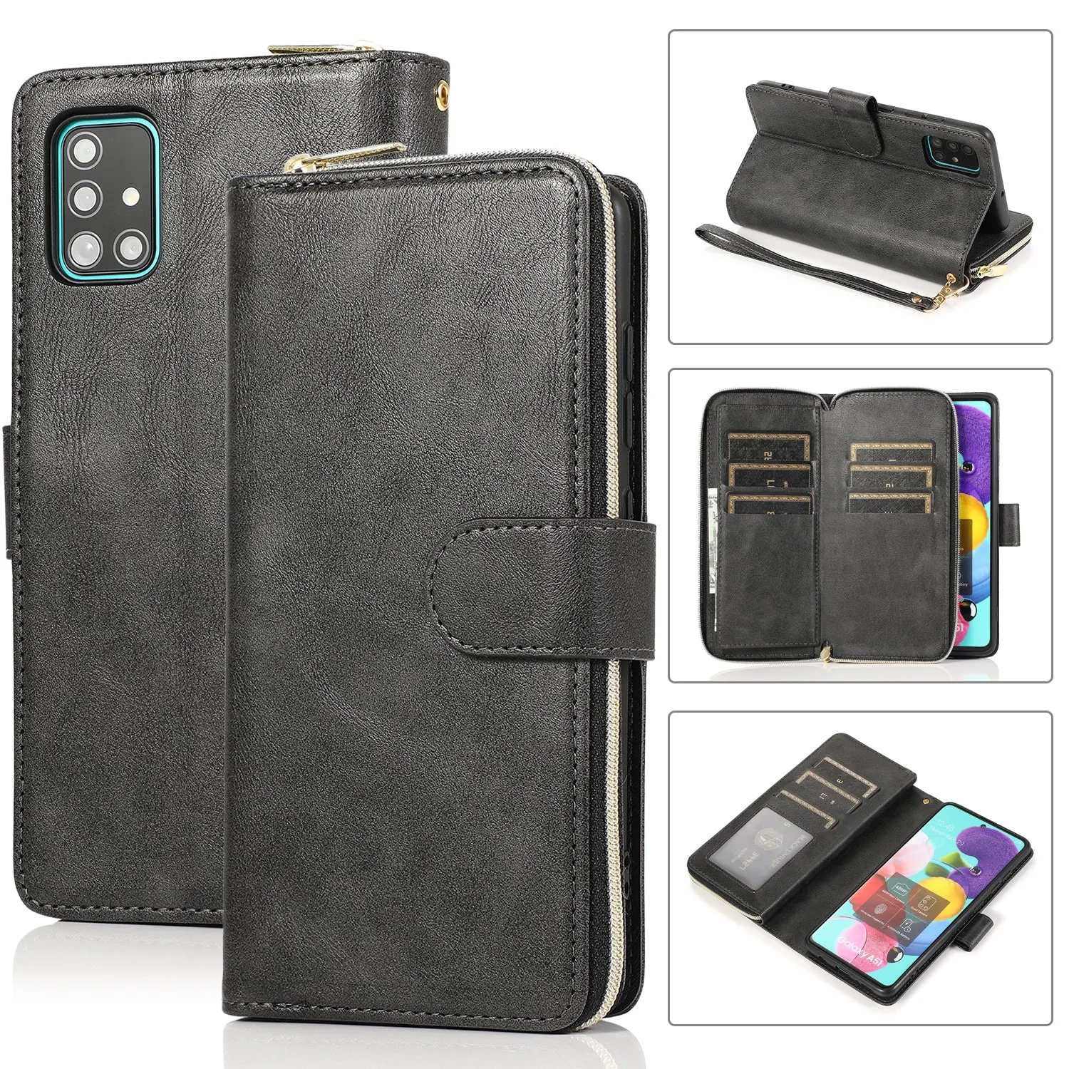 For Samsung A01/A21/A31/A41/A51 Pu Leather  Mobile Phone Cover Zipper Card Bag   Wrist Strap black
