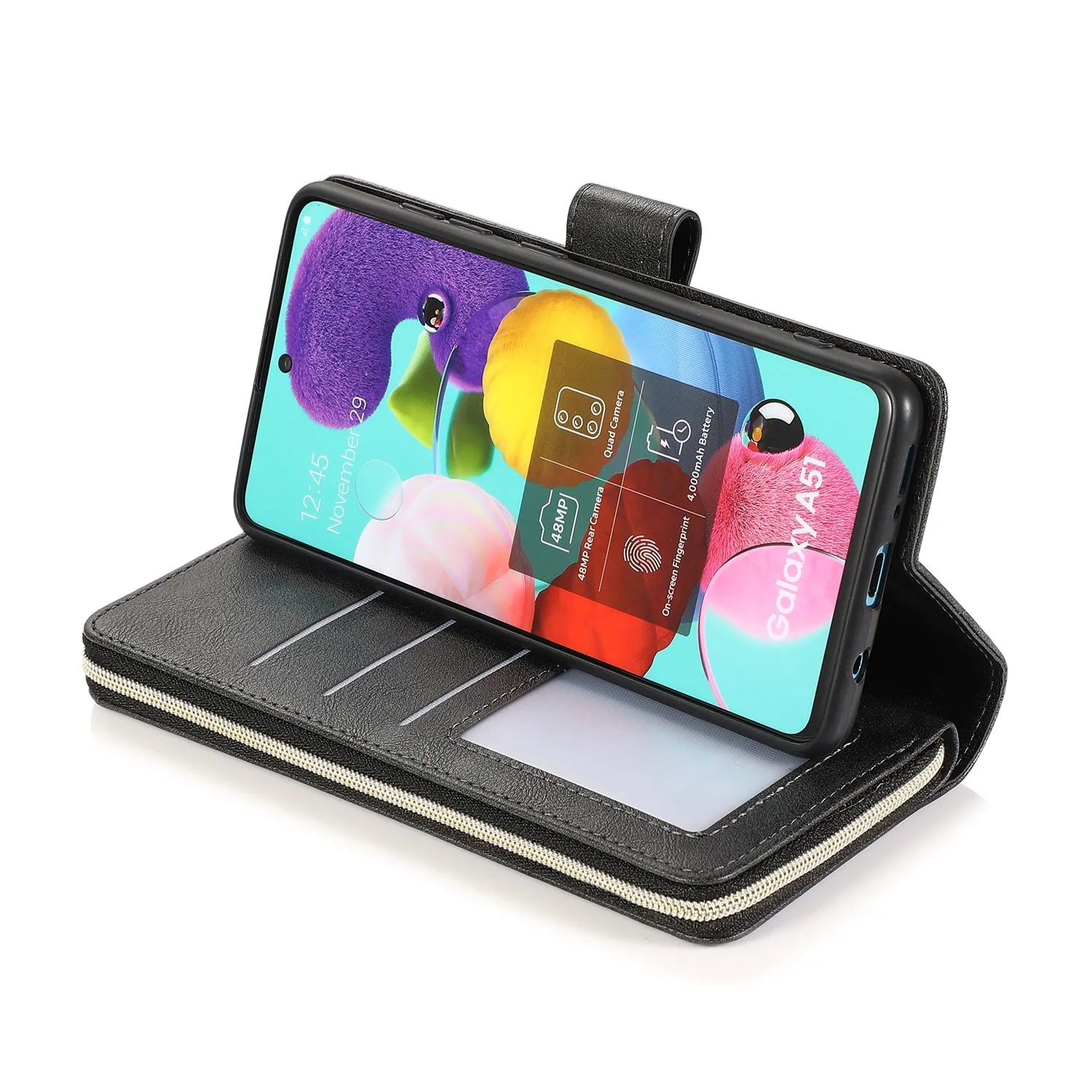 For Samsung A01/A21/A31/A41/A51 Pu Leather  Mobile Phone Cover Zipper Card Bag   Wrist Strap black