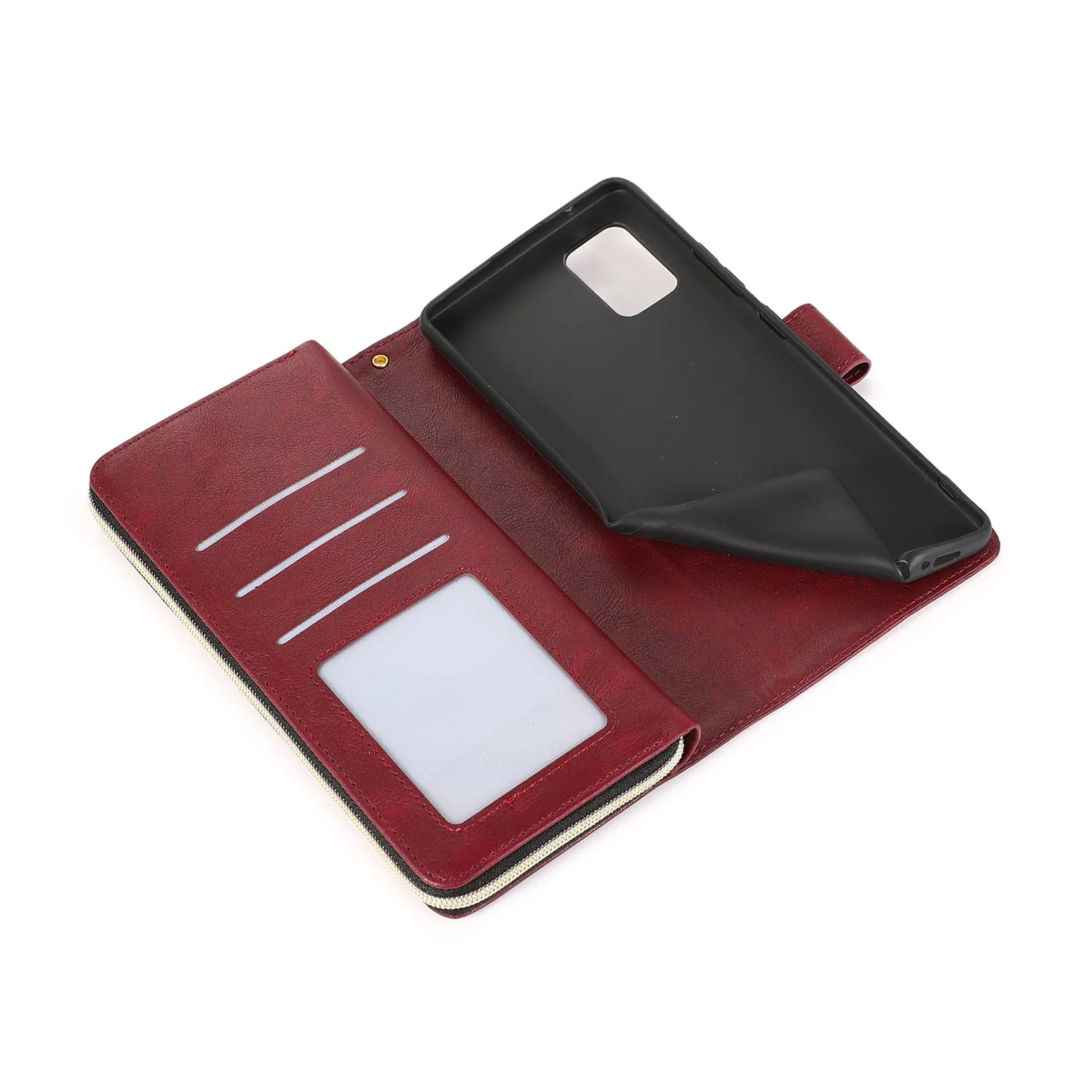 For Samsung A01/A21/A31/A41/A51 Pu Leather  Mobile Phone Cover Zipper Card Bag   Wrist Strap Red wine