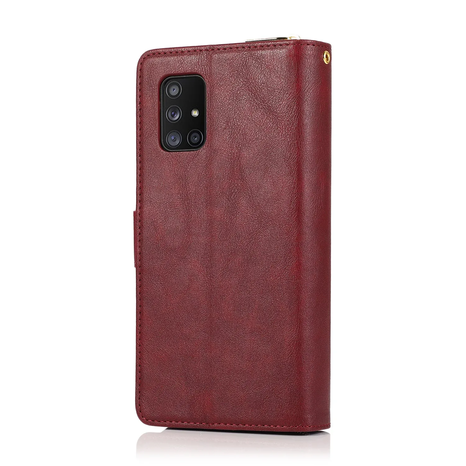 For Samsung A01/A21/A31/A41/A51 Pu Leather  Mobile Phone Cover Zipper Card Bag   Wrist Strap Red wine
