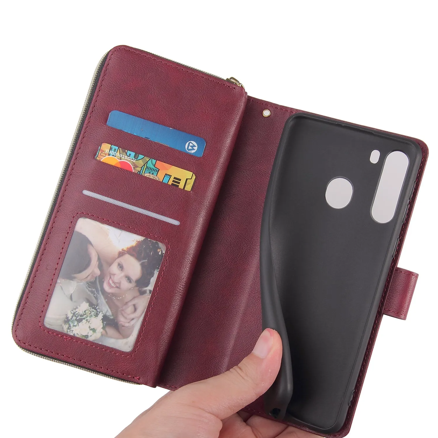 For Samsung A01/A21/A31/A41/A51 Pu Leather  Mobile Phone Cover Zipper Card Bag   Wrist Strap Red wine