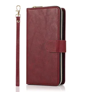 For Samsung A01/A21/A31/A41/A51 Pu Leather  Mobile Phone Cover Zipper Card Bag   Wrist Strap Red wine