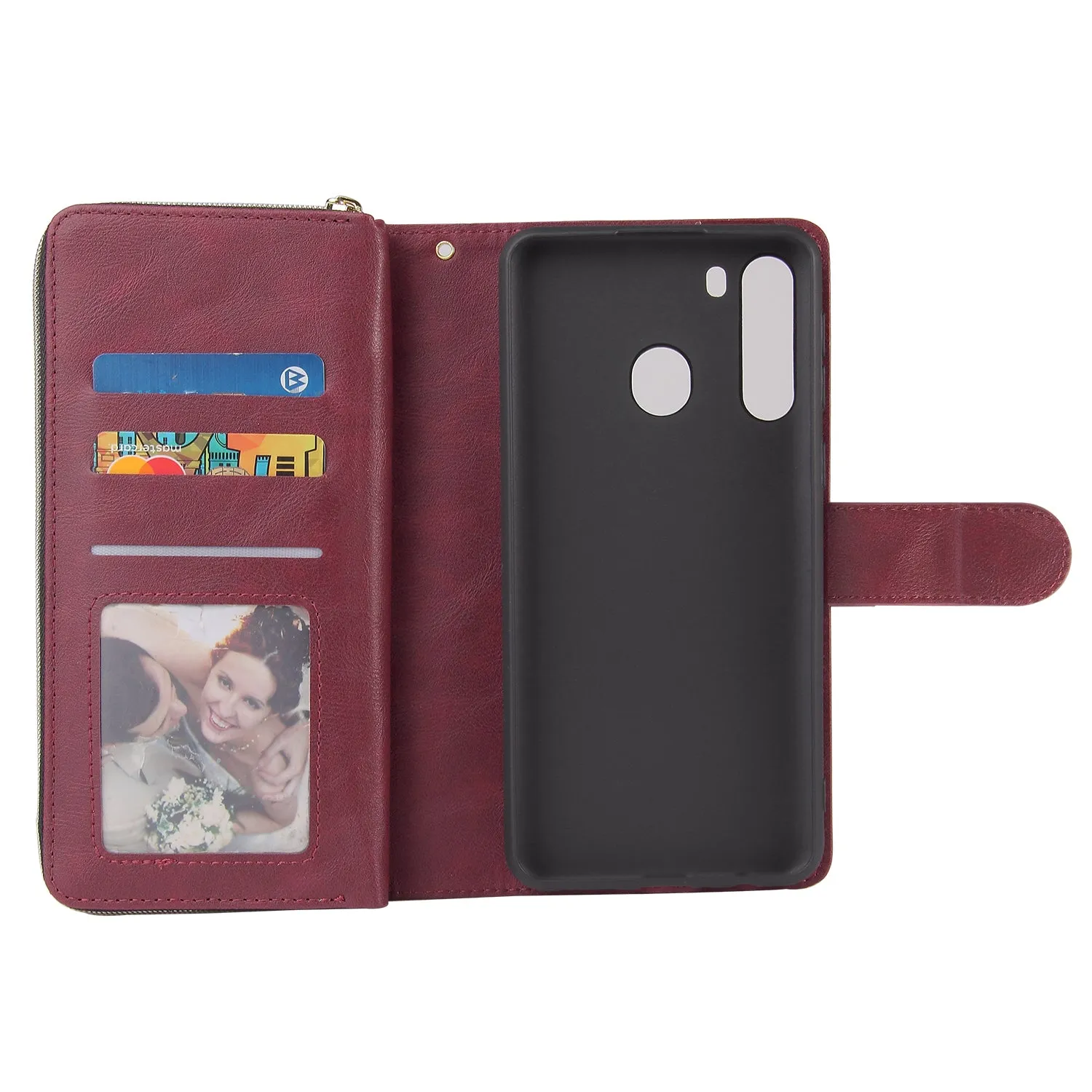 For Samsung A01/A21/A31/A41/A51 Pu Leather  Mobile Phone Cover Zipper Card Bag   Wrist Strap Red wine