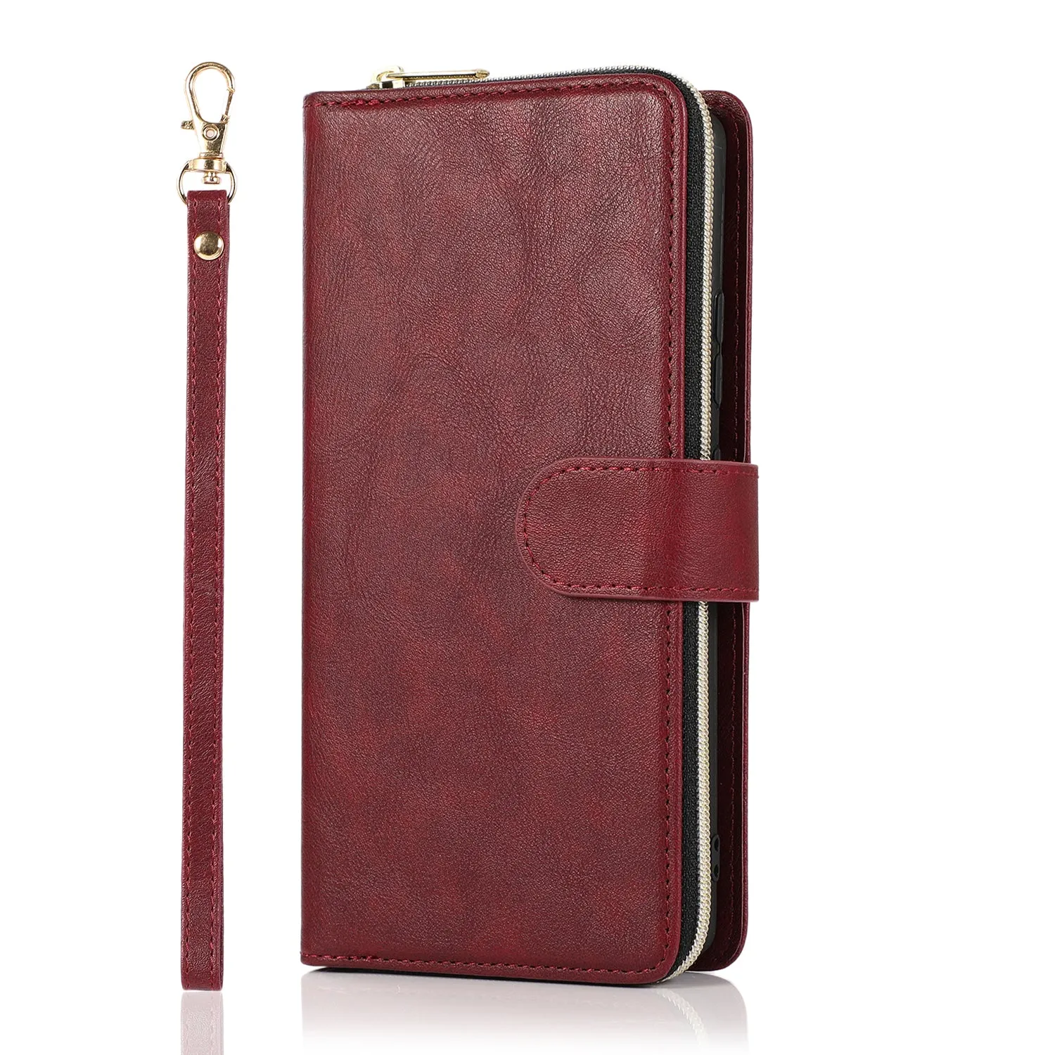 For Samsung A01/A21/A31/A41/A51 Pu Leather  Mobile Phone Cover Zipper Card Bag   Wrist Strap Red wine