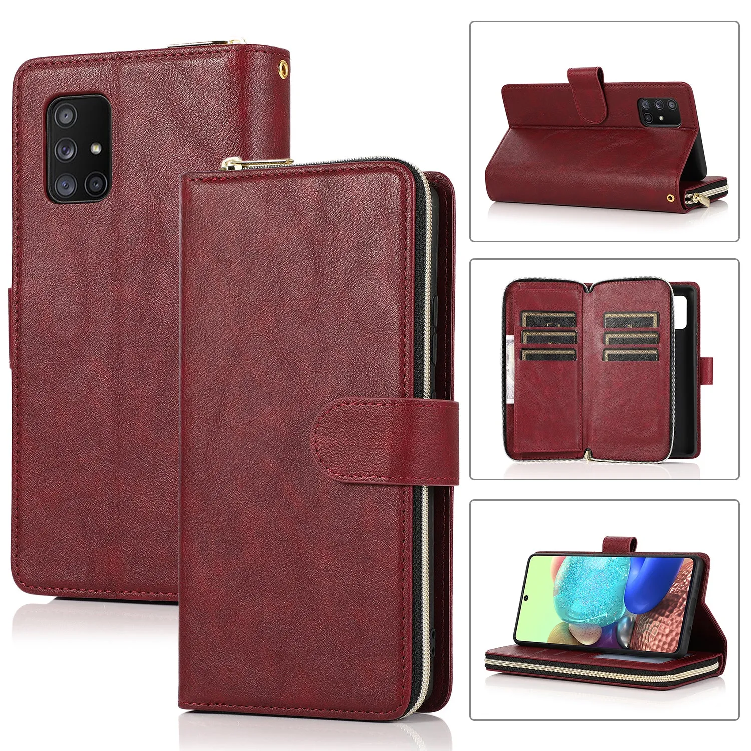 For Samsung A01/A21/A31/A41/A51 Pu Leather  Mobile Phone Cover Zipper Card Bag   Wrist Strap Red wine