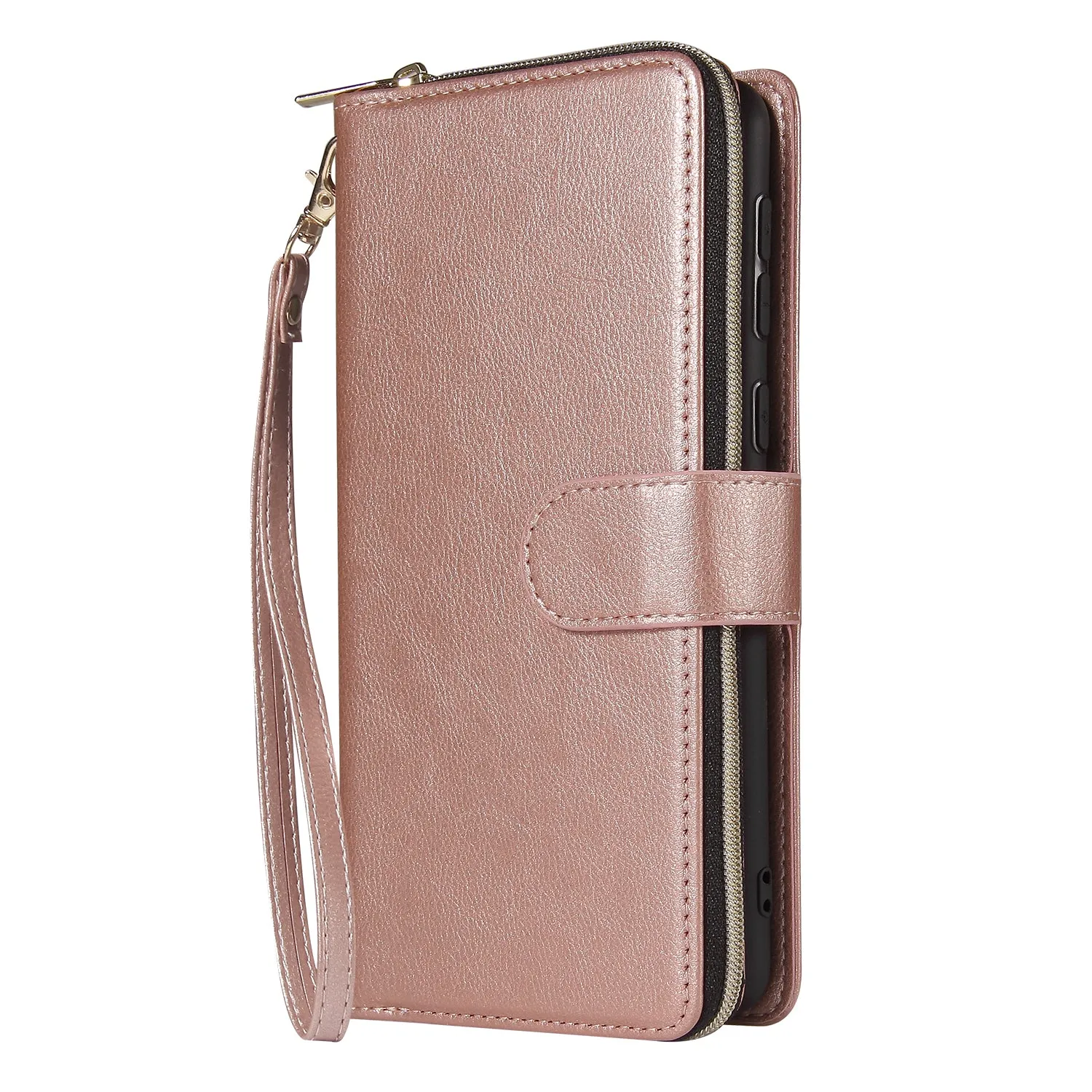 For Samsung A01/A21/A31/A41/A51 Pu Leather  Mobile Phone Cover Zipper Card Bag   Wrist Strap Rose gold