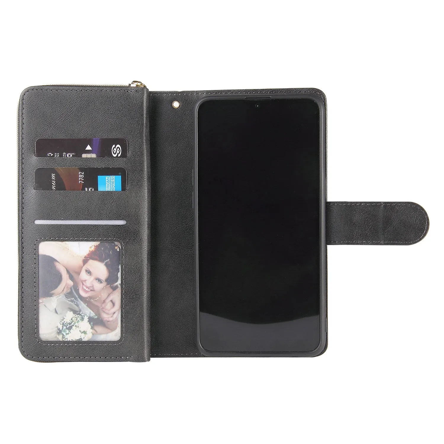 For Samsung A10/A20/A30/A50/A30S/A50S Pu Leather  Mobile Phone Cover Zipper Card Bag   Wrist Strap black
